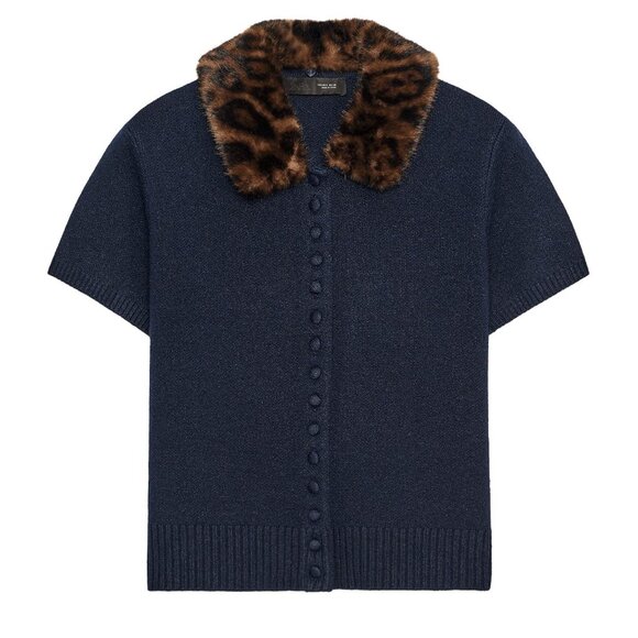 Zara Animal Print Faux Fur Collar Boxy Button Up Cardigan in Navy Blue M NWT - Picture 2 of 14